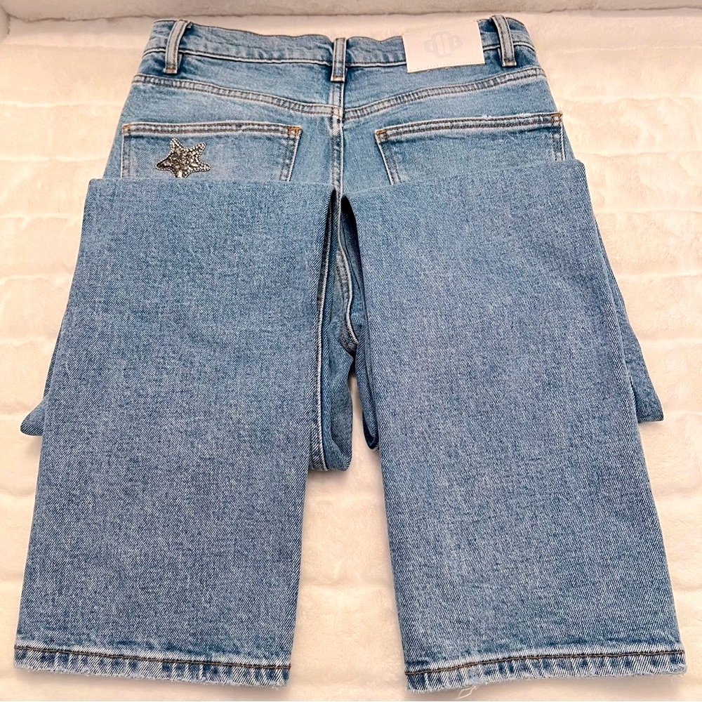 NWT Maje Pagody Crystal Embellished Straight Leg Stretch Denim Button Fly Jeans - Picture 10 of 16